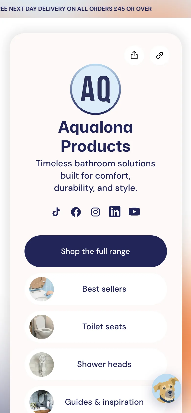 Aqualona's bio page: shop links with product photos, kept up to date by their team.