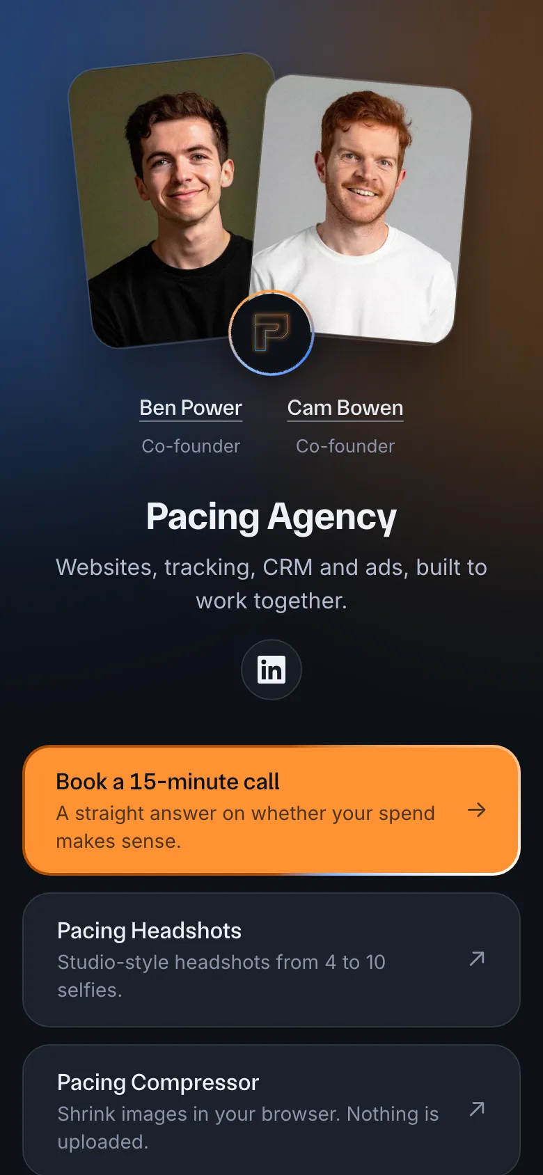 Pacing's bio page: the founders up top, a call booking first, then our own tools.