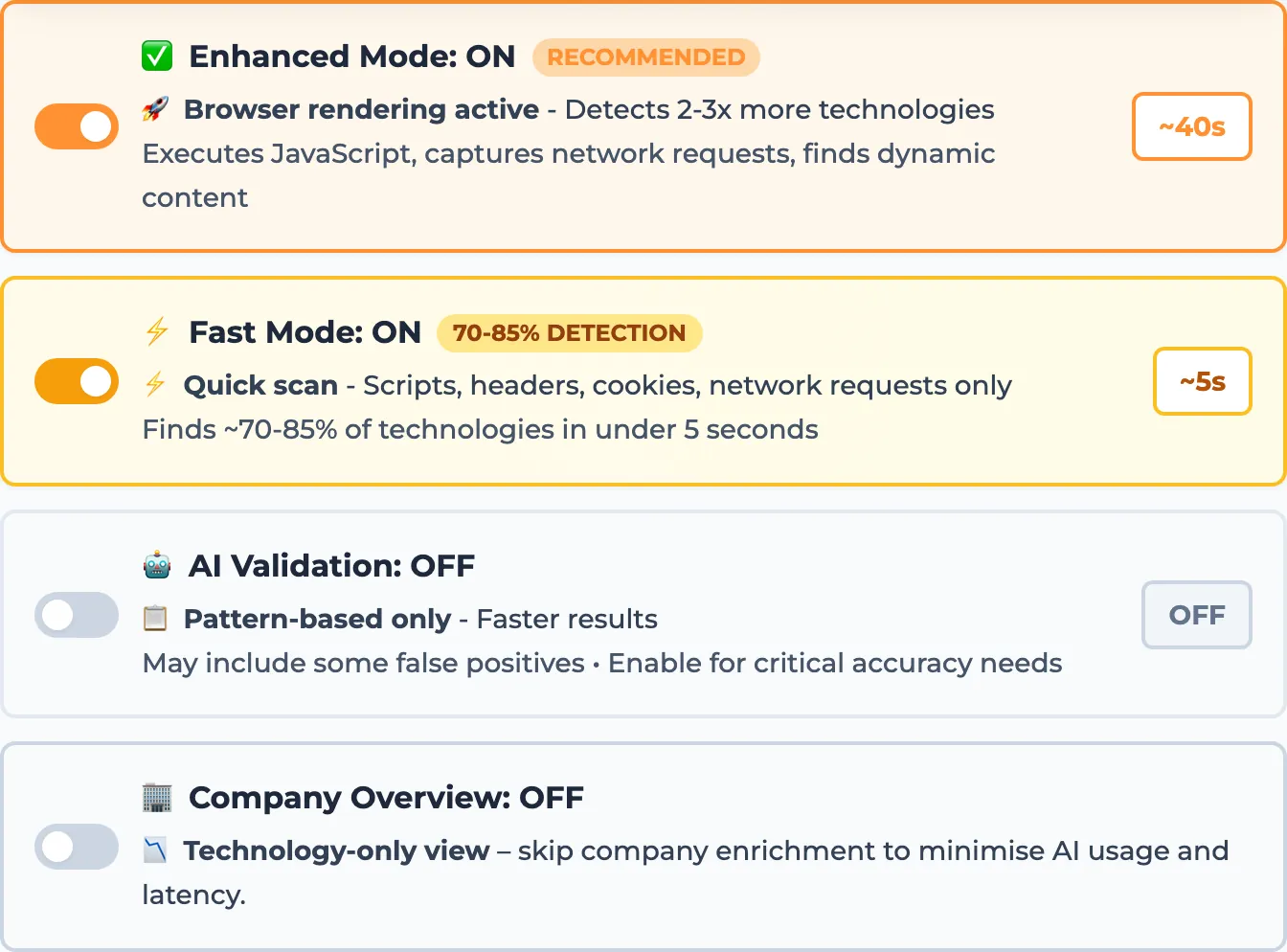 The scan options: browser rendering, quick scan, AI checks and a company summary