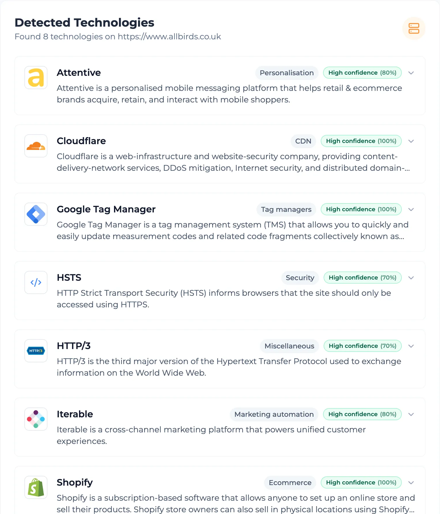 Each tool with its category and how sure the scan is