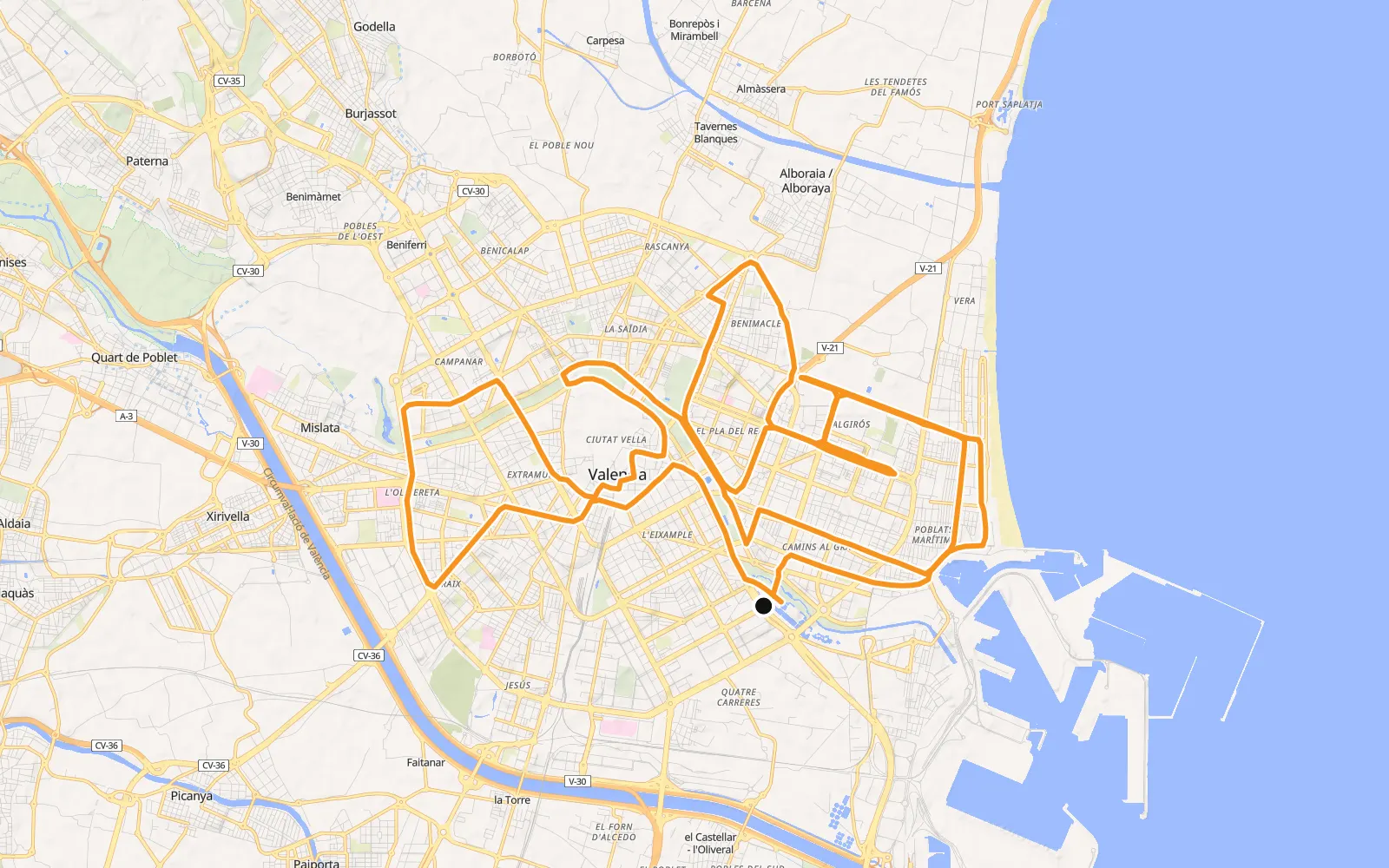 Map of the València marathon route.