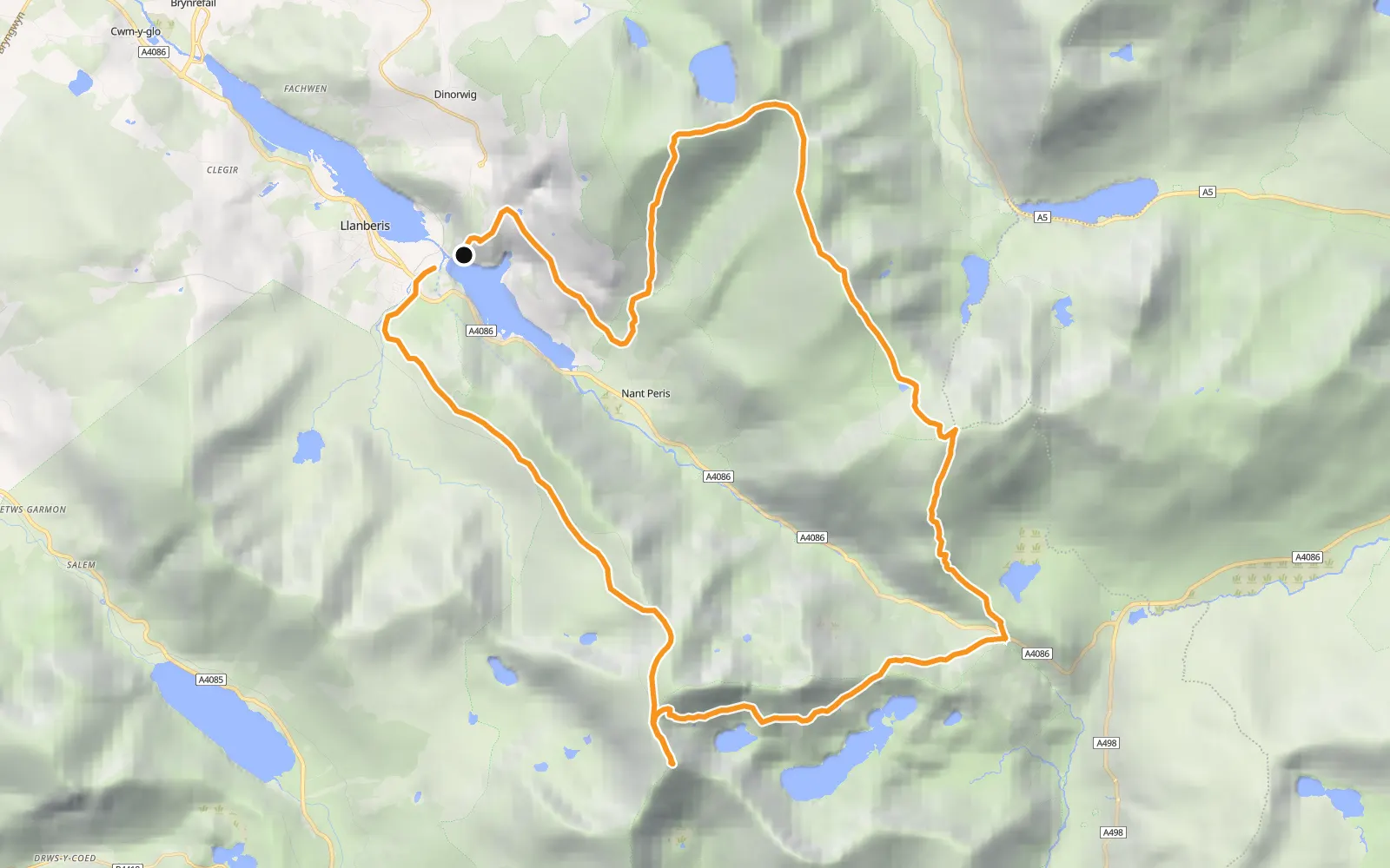 Map of Yr Wyddfa and Glyder Fawr, Eryri, with the route in orange.
