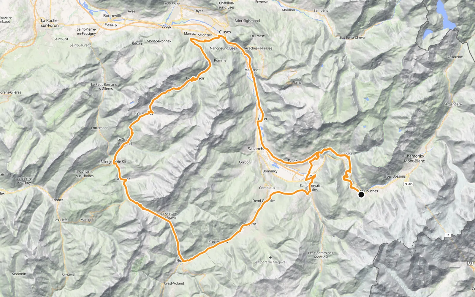 Map of Col de la Colombière and Col des Aravis, with the route in orange.
