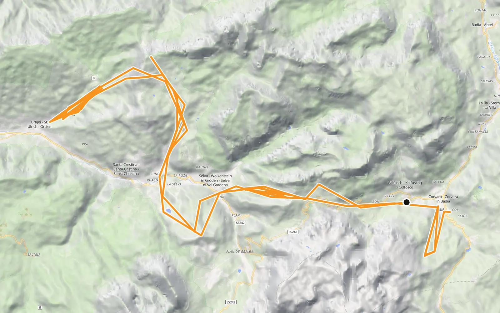 Map of Val Gardena and Seiser Alm, Italy, with the route in orange.