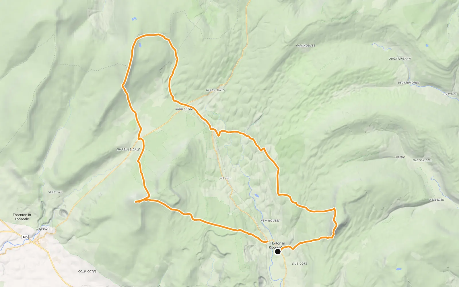 Map of Yorkshire Three Peaks, with the route in orange.