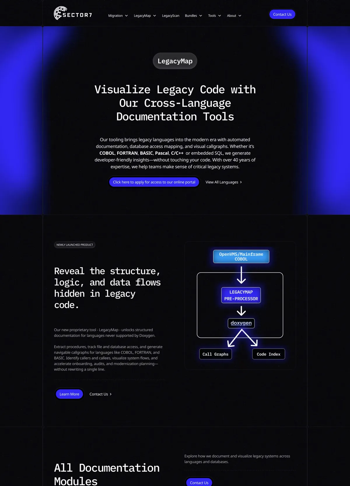 Sector7 homepage, long